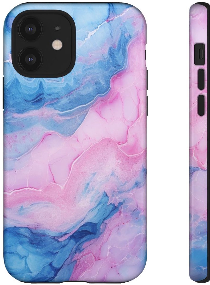 Blauw-Roze Marmerstructuur – Glanzend Stevig Hoesje Geschikt voor iPhone 12