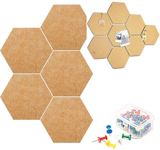 Set van 10 zeshoekige vilten prikbordtegels 50 drukknoppen, 15 x 17,8 x 1,1 cm, notitiememo-prikborden met drukspelden voor huisdecoratie en kantoor, decoratief prikbord voor kinderen (30,5 x 25,4