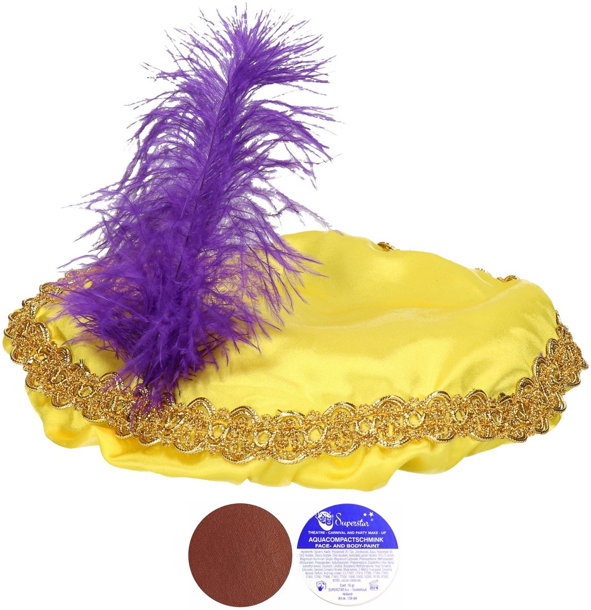 Pieten verkleedsetje - Pieten baret/muts - geel - inclusief roetveeg schmink - bruin