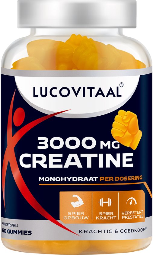 Glazen pot met gele Lucovitaal Creatine gummies. Etiket met rode figuur, '3000 mg CREATINE', en 'SUUIKERVRIJ'.