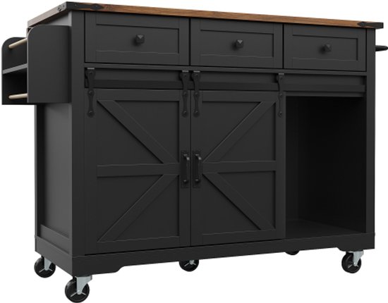 Îlot de cuisine, desserte avec plan de travail extensible, desserte de cuisine sur roulettes, meuble de cuisine avec 2 portes coulissantes et 3 tiroirs, desserte à manger avec veinage bois, meuble de cuisine, noir