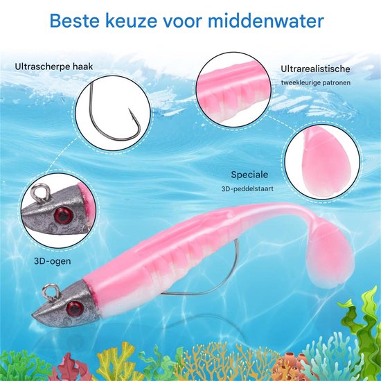 Ynkkvre-Rubberen Vissen Set – 5 Stuks Kunstmatige Aas met Jigkop – Rubber Aas voor Forel, Snoekbaars, Baars – Zoet- en Zoutwater – Vissen Hengelsport Cadeau — afbeelding 3