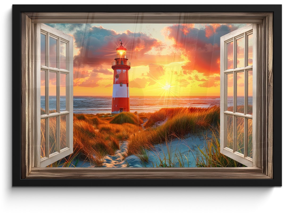 FrameYourWall Poster in lijst - Fotolijst 60x40 cm - Posters - Doorkijk - Raam - Vuurtoren - Zonsondergang - Strand - Posterlijst zwart - Decoratie - Wanddecoratie woonkamer - Muurdecoratie slaapkamer Zonsondergang - Vuurtoren