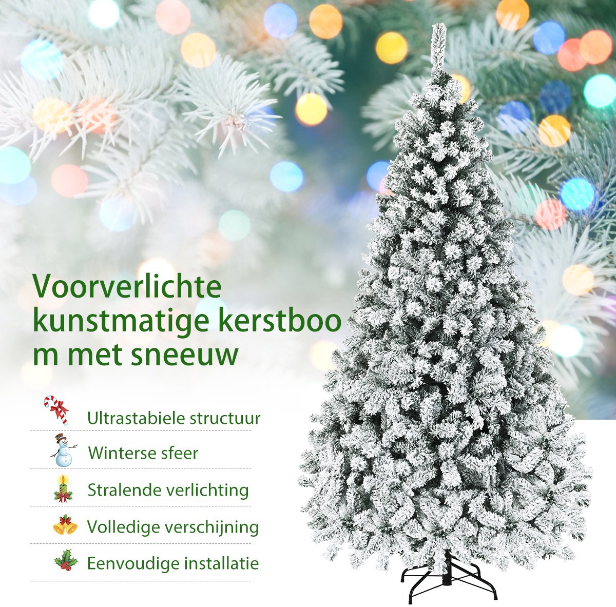COSTWAY 225 cm Kunstkerstboom met verlichting - Realistische Kunststof Kerstboom met sneeuw - Kerstmis Kerstboom - PVC 1010 takken & 450 LEDs -wit en groen – foto 4