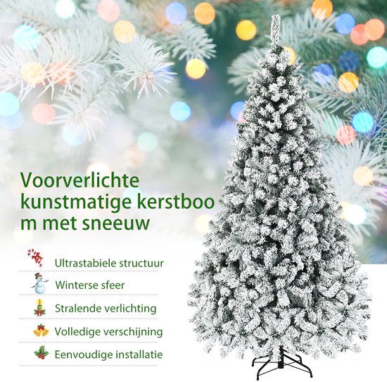 COSTWAY Kunstkerstboom met sneeuw en verlichting, 146 cm dennenboom met 200 warm-witte ledlampen, 688 gemengde takken, kerstboom, kunstboom voor Kerstmis, wit-groen COSTWAY Kunstkerstboom met sneeuw en verlichting, 146 cm dennenboom met 200 warm-witte ledlampen, 688 gemengde takken, kerstboom, kunstboom voor Kerstmis, wit-groen