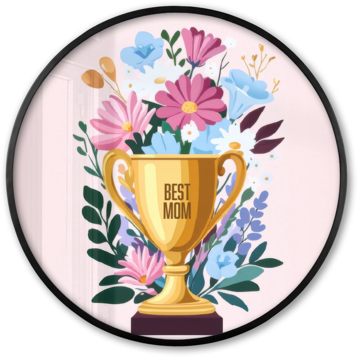 FrameYourWall Poster in lijst Rond - Fotolijst 80x80 cm - Posters - Trofee - Best Mom - Bloemen - Kleurrijk - Ronde posterlijst zwart - Decoratie - Wanddecoratie woonkamer - Muurdecoratie slaapkamer Trofee - Bloemen - Tekst
