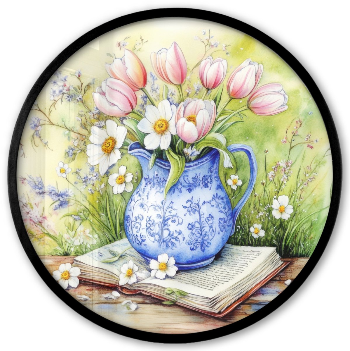 FrameYourWall Poster in lijst Rond - Fotolijst 40x40 cm - Posters - Vaas - Delftsblauw - Madeliefjes - Ronde posterlijst zwart - Decoratie - Wanddecoratie woonkamer - Muurdecoratie slaapkamer