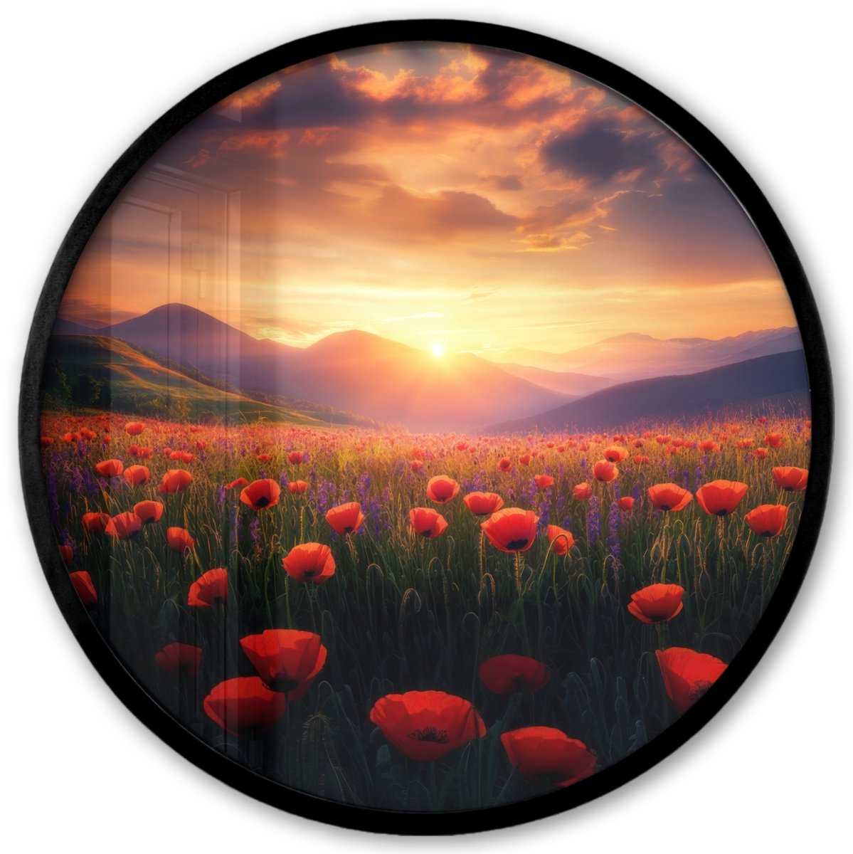 FrameYourWall Poster in lijst Rond - Fotolijst 40x40 cm - Posters - Landschap - Zonsondergang - Bloemenveld - Ronde posterlijst zwart - Decoratie - Wanddecoratie woonkamer - Muurdecoratie slaapkamer Bloemen - Klaprozen