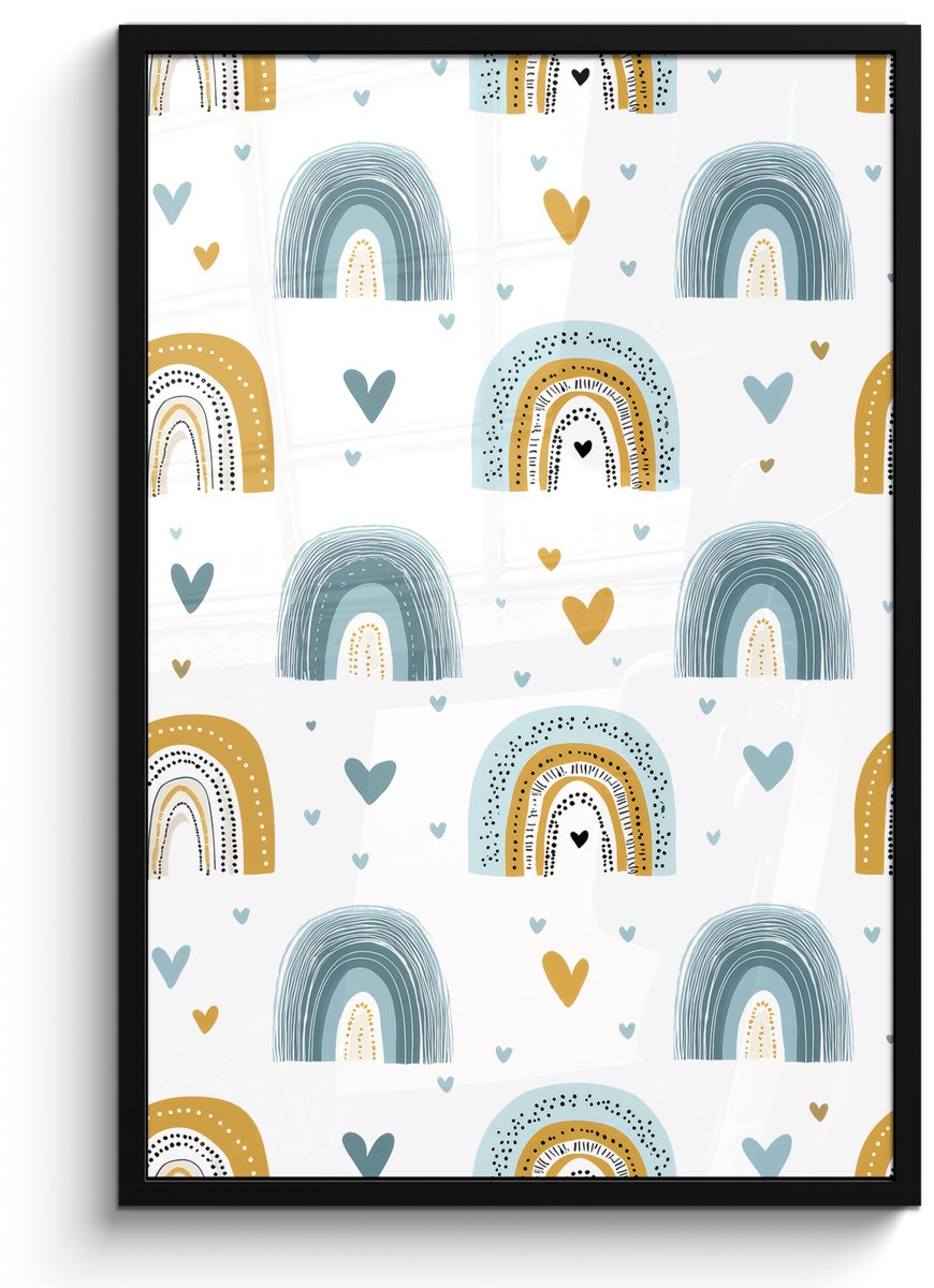 FrameYourWall Poster in lijst - Fotolijst 60x90 cm - Posters - Patroon - Regenboog - Hartjes - Posterlijst zwart - Decoratie - Wanddecoratie woonkamer - Muurdecoratie slaapkamer Multicolor