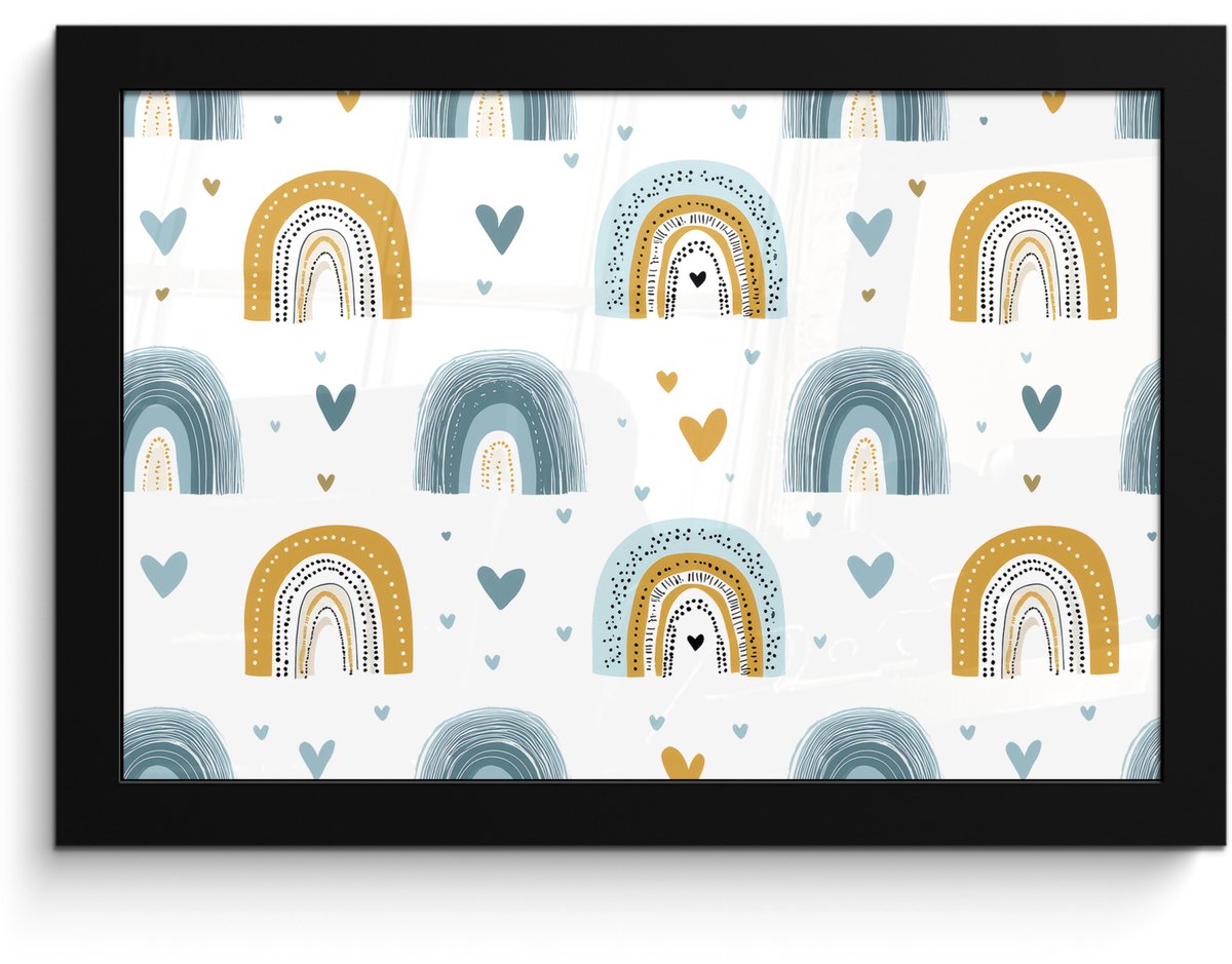 FrameYourWall Poster in lijst - Fotolijst 30x20 cm - Posters - Patroon - Regenboog - Hartjes - Posterlijst zwart - Decoratie - Wanddecoratie woonkamer - Muurdecoratie slaapkamer Multicolor