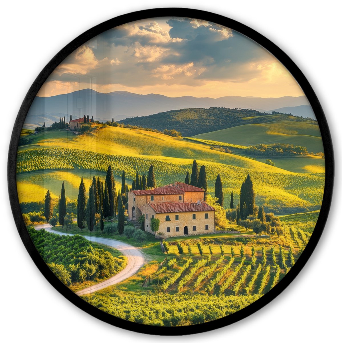 FrameYourWall Poster in lijst Rond - Fotolijst 40x40 cm - Posters - Toscane - Landschap - Wijngaarden - Ronde posterlijst zwart - Decoratie - Wanddecoratie woonkamer - Muurdecoratie slaapkamer