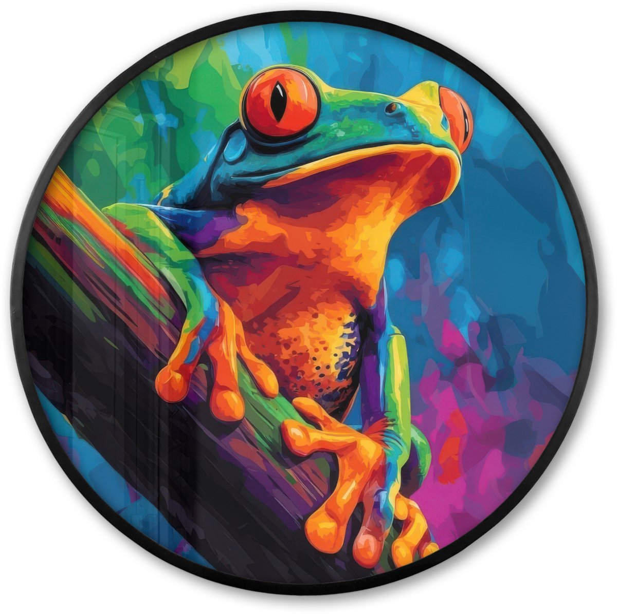 FrameYourWall Poster in lijst Rond - Fotolijst 60x60 cm - Posters - Kikker - Felgekleurd - Tak - Regenboog - Ronde posterlijst zwart - Decoratie - Wanddecoratie woonkamer - Muurdecoratie slaapkamer Kikker - Kleurrijk