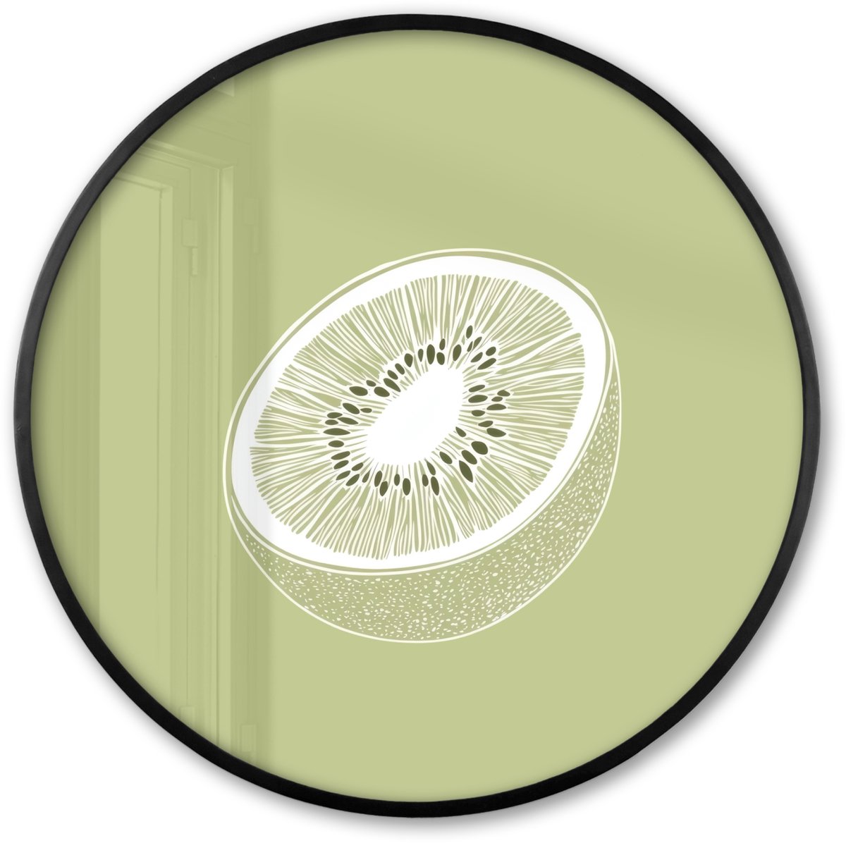 FrameYourWall Poster in lijst Rond - Fotolijst 80x80 cm - Posters - Kiwi - Lijntekening - Minimalistisch - Groen - Ronde posterlijst zwart - Decoratie - Wanddecoratie woonkamer - Muurdecoratie slaapkamer