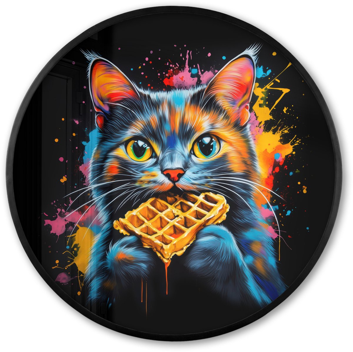 FrameYourWall Poster in lijst Rond - Fotolijst 80x80 cm - Posters - Kat - Graffiti - Kleurrijk - Wafel - Eten - Ronde posterlijst zwart - Decoratie - Wanddecoratie woonkamer - Muurdecoratie slaapkamer Graffiti - Kat - Wafel