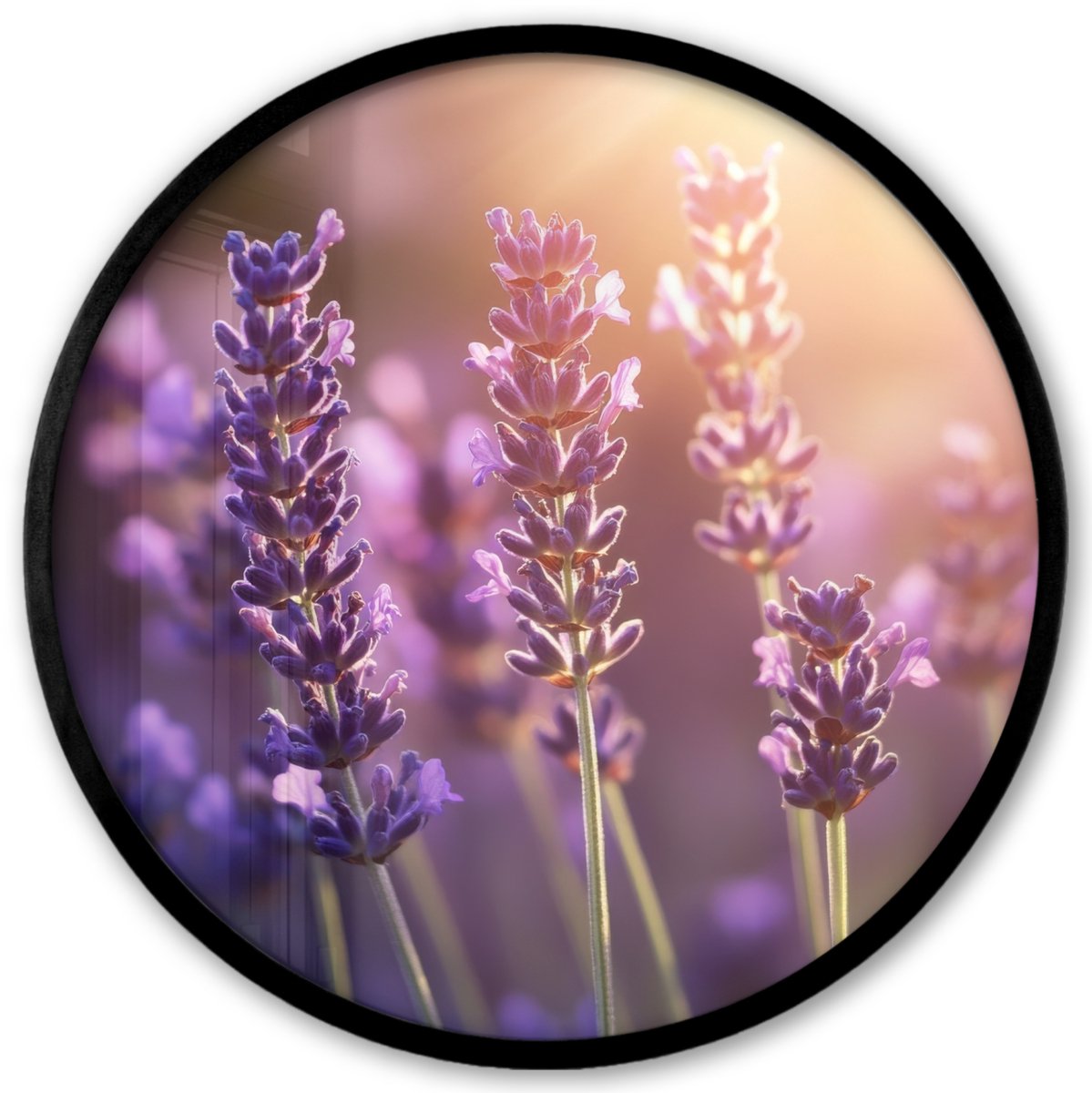 FrameYourWall Poster in lijst Rond - Fotolijst 40x40 cm - Posters - Lavendelbloemen - Paars - Zonlicht - Ronde posterlijst zwart - Decoratie - Wanddecoratie woonkamer - Muurdecoratie slaapkamer