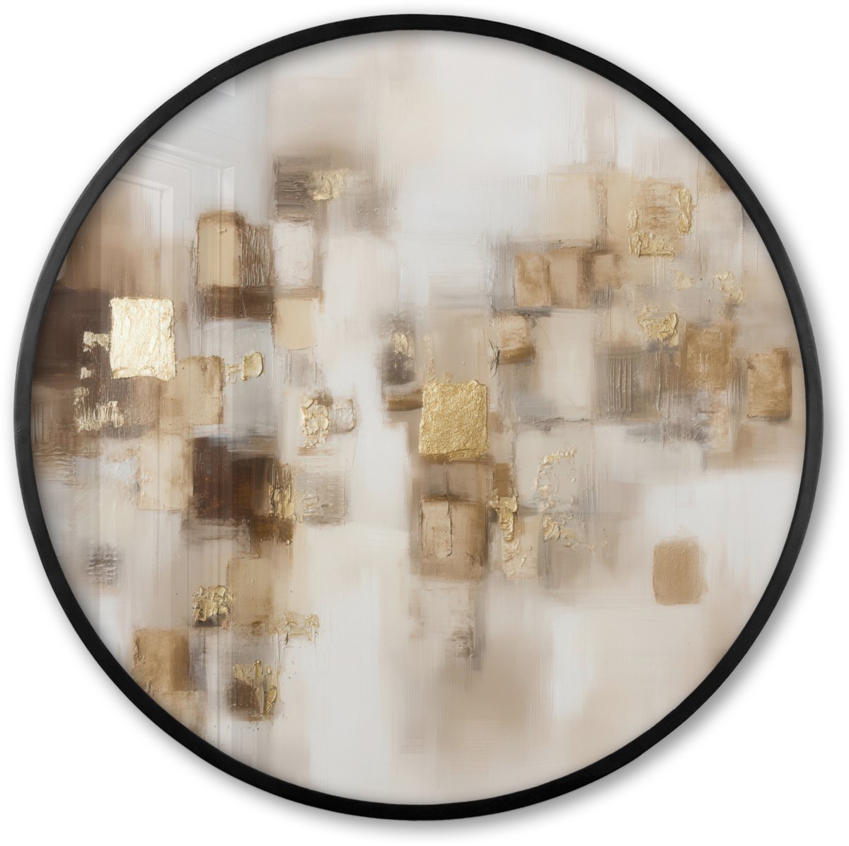 FrameYourWall Poster in lijst Rond - Fotolijst 60x60 cm - Posters - Abstracte vierkanten - Aardetonen - Mistig - Ronde posterlijst zwart - Decoratie - Wanddecoratie woonkamer - Muurdecoratie slaapkamer Aardetonen - Mistig - Abstract