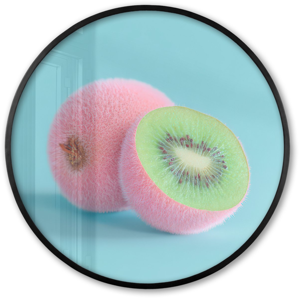 FrameYourWall Poster in lijst Rond - Fotolijst 60x60 cm - Posters - Kiwi - Blauw - Surrealistisch - Ronde posterlijst zwart - Decoratie - Wanddecoratie woonkamer - Muurdecoratie slaapkamer Kiwi - Surrealistisch