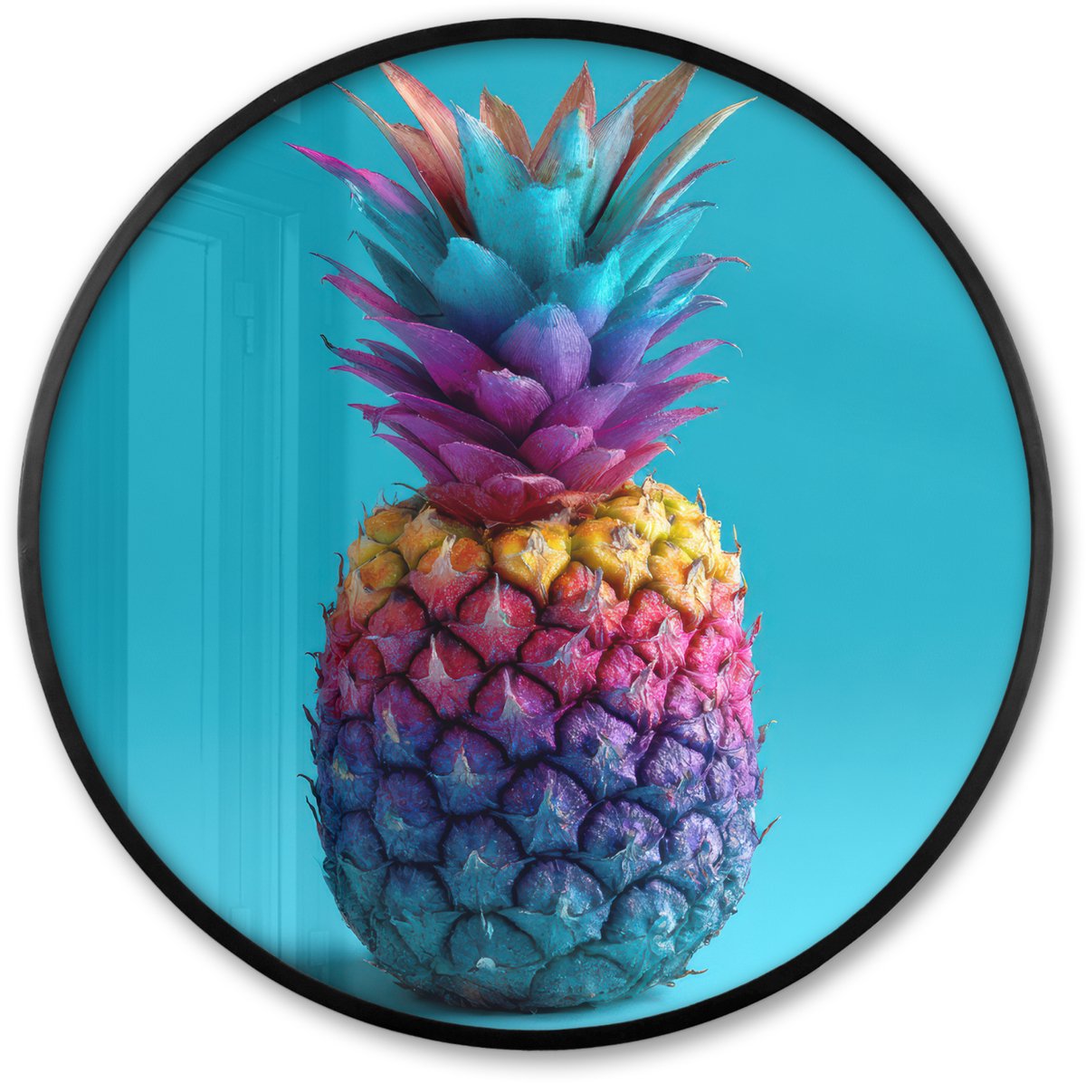 FrameYourWall Poster in lijst Rond - Fotolijst 80x80 cm - Posters - Ananas - Regenboog - Blauw - Popart - Ronde posterlijst zwart - Decoratie - Wanddecoratie woonkamer - Muurdecoratie slaapkamer
