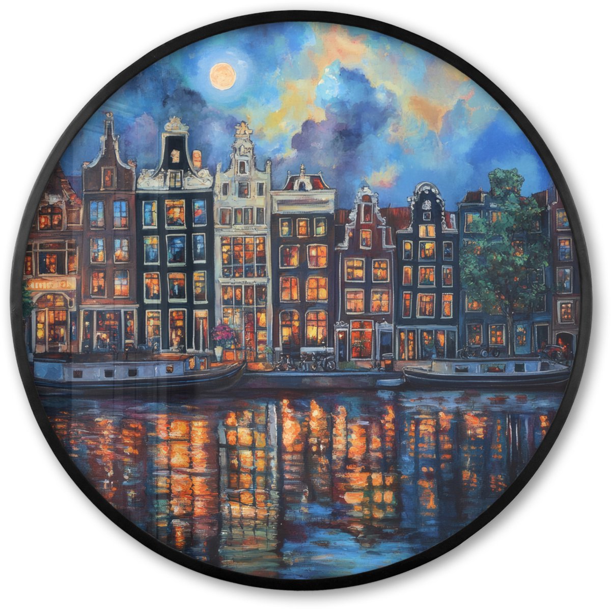 FrameYourWall Poster in lijst Rond - Fotolijst 60x60 cm - Posters - Grachten Amsterdam - Huizen - Stad - Kleurrijk - Ronde posterlijst zwart - Decoratie - Wanddecoratie woonkamer - Muurdecoratie slaapkamer Grachten - Huizen
