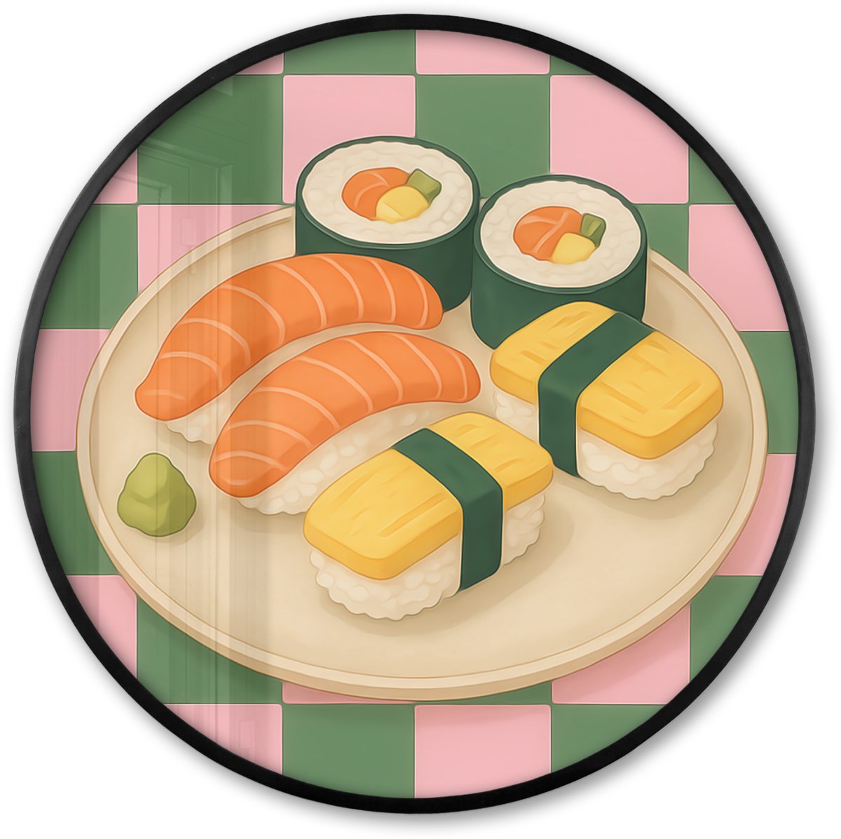 FrameYourWall Poster in lijst Rond - Fotolijst 80x80 cm - Posters - Sushi - Bord - Geblokt - Groen - Ronde posterlijst zwart - Decoratie - Wanddecoratie woonkamer - Muurdecoratie slaapkamer