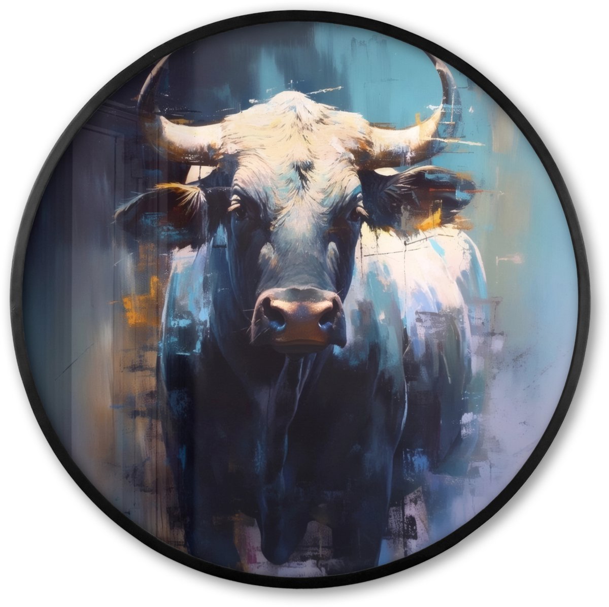 FrameYourWall Poster in lijst Rond - Fotolijst 60x60 cm - Posters - Stier - Zwart - Abstract - Horens - Ronde posterlijst zwart - Decoratie - Wanddecoratie woonkamer - Muurdecoratie slaapkamer