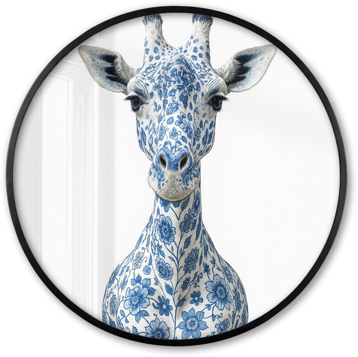 FrameYourWall Poster in lijst Rond - Fotolijst 60x60 cm - Posters - Giraffe - Delfts blauw - Dieren - Minimalistisch - Ronde posterlijst zwart - Decoratie - Wanddecoratie woonkamer - Muurdecoratie slaapkamer