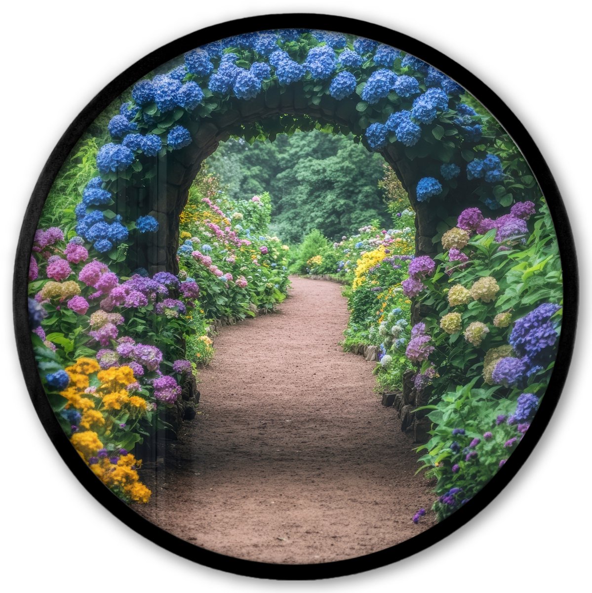 FrameYourWall Poster in lijst Rond - Fotolijst 40x40 cm - Posters - Doorkijk - Bloemen - Hortensia - Pad - Ronde posterlijst zwart - Decoratie - Wanddecoratie woonkamer - Muurdecoratie slaapkamer Poort - Hortensia