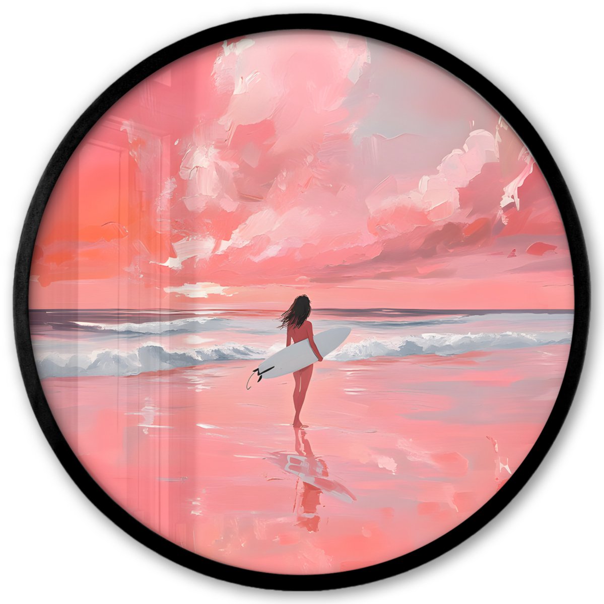 FrameYourWall Poster in lijst Rond - Fotolijst 40x40 cm - Posters - Roze - Surfen - Zee - Ronde posterlijst zwart - Decoratie - Wanddecoratie woonkamer - Muurdecoratie slaapkamer Zee - Vrouw - Surfplank
