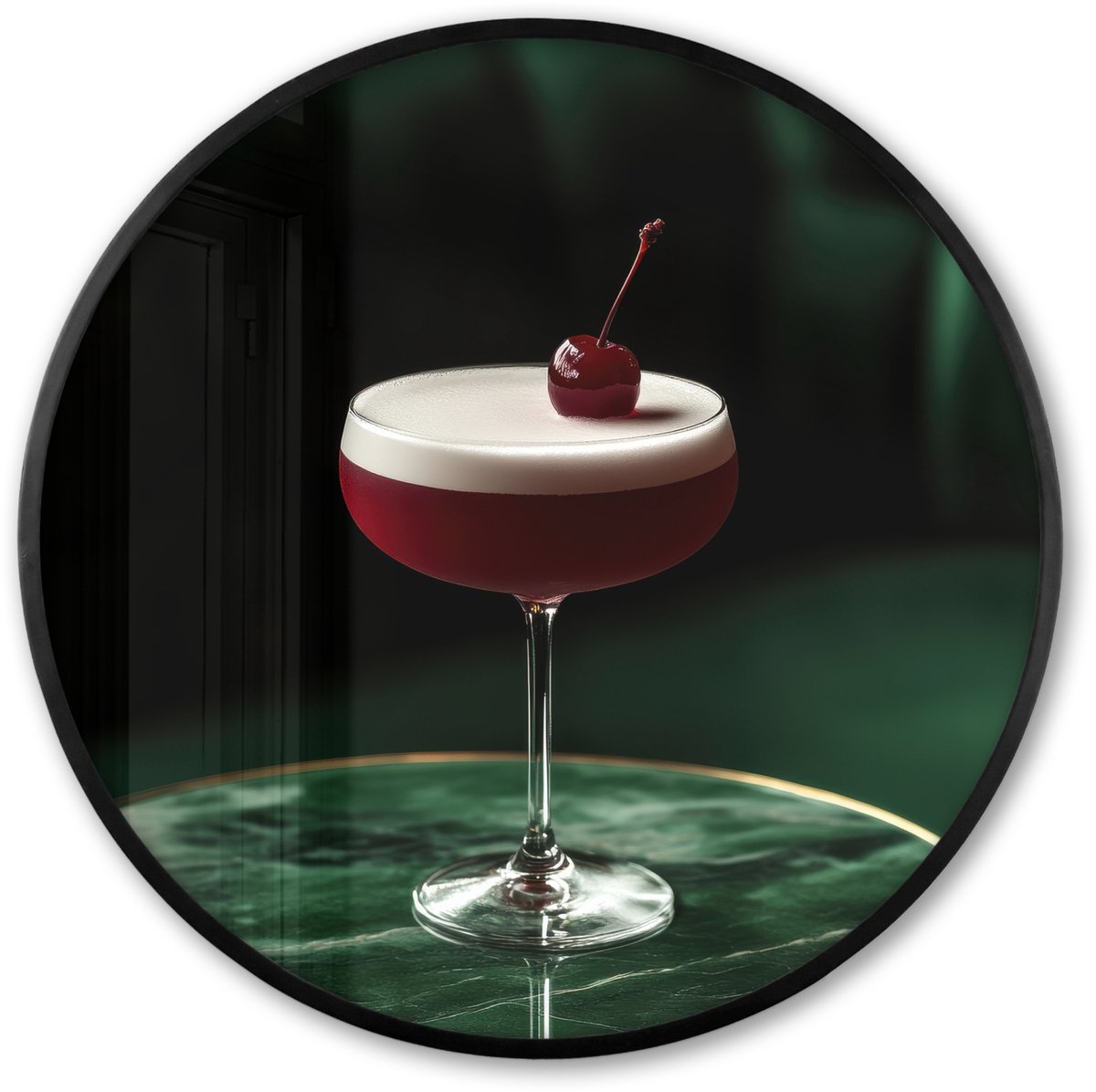 FrameYourWall Poster in lijst Rond - Fotolijst 60x60 cm - Posters - Kers - Cocktail - Rood - Marmer - Ronde posterlijst zwart - Decoratie - Wanddecoratie woonkamer - Muurdecoratie slaapkamer