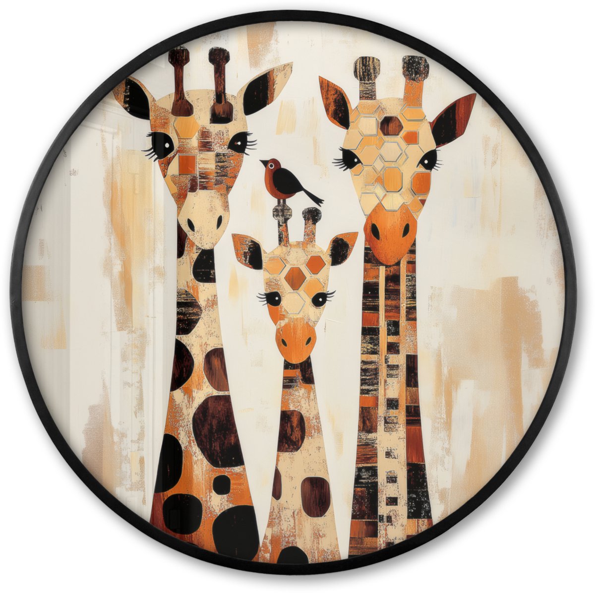 FrameYourWall Poster in lijst Rond - Fotolijst 80x80 cm - Posters - Giraffen - Cartoon - Crème - Ronde posterlijst zwart - Decoratie - Wanddecoratie woonkamer - Muurdecoratie slaapkamer