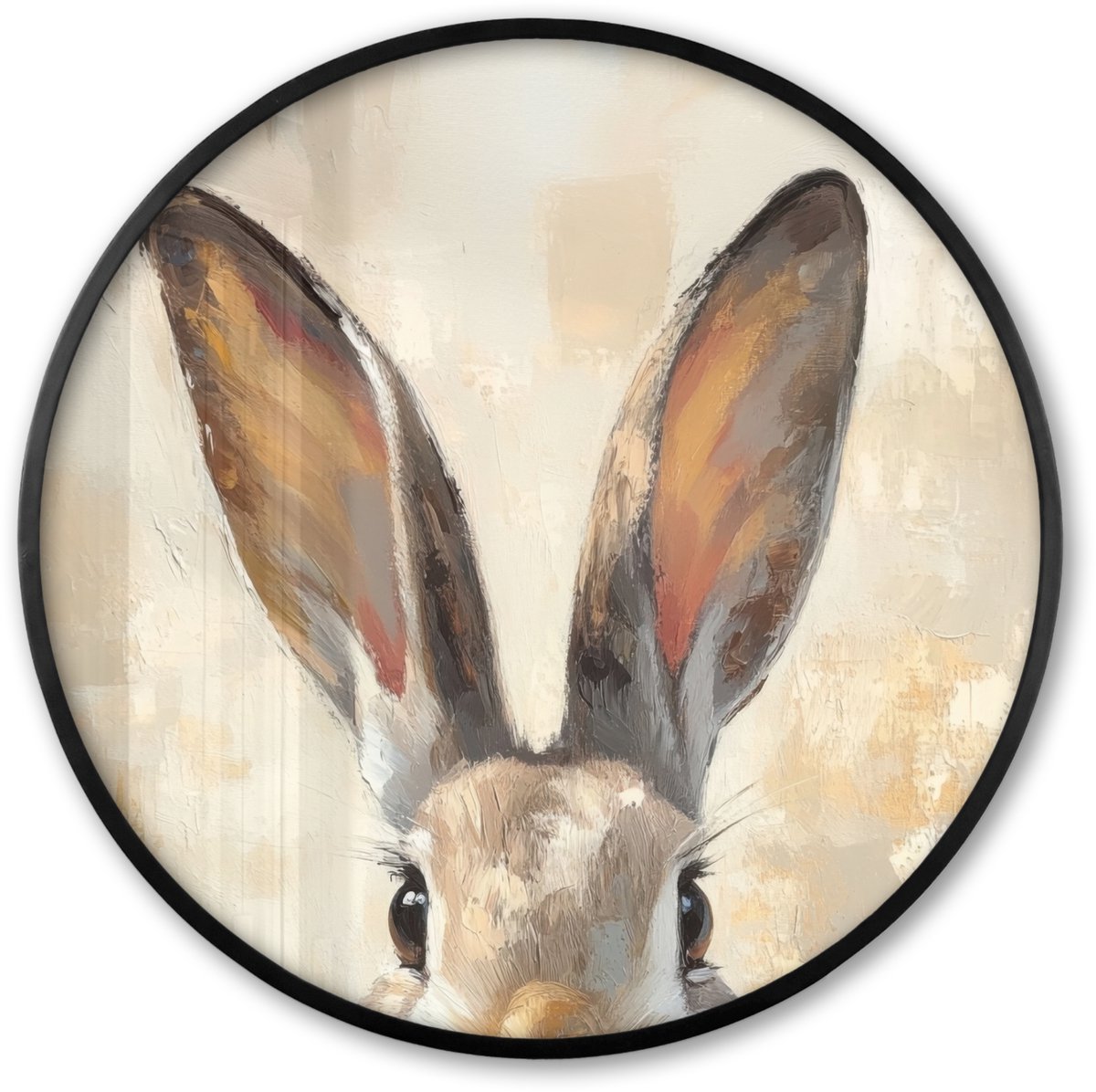 FrameYourWall Poster in lijst Rond - Fotolijst 80x80 cm - Posters - Haas - Oren - Bruin - Ronde posterlijst zwart - Decoratie - Wanddecoratie woonkamer - Muurdecoratie slaapkamer Paashaas oren