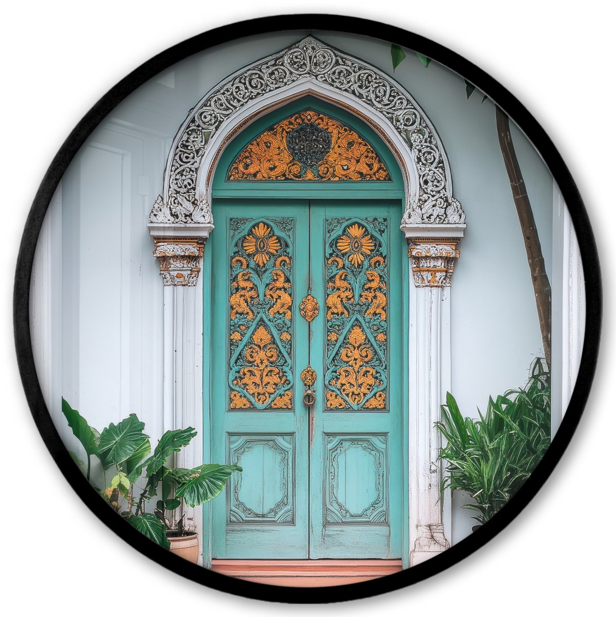FrameYourWall Poster in lijst Rond - Fotolijst 40x40 cm - Posters - Deur - Patronen - Planten - Ronde posterlijst zwart - Decoratie - Wanddecoratie woonkamer - Muurdecoratie slaapkamer Deur - Tropisch