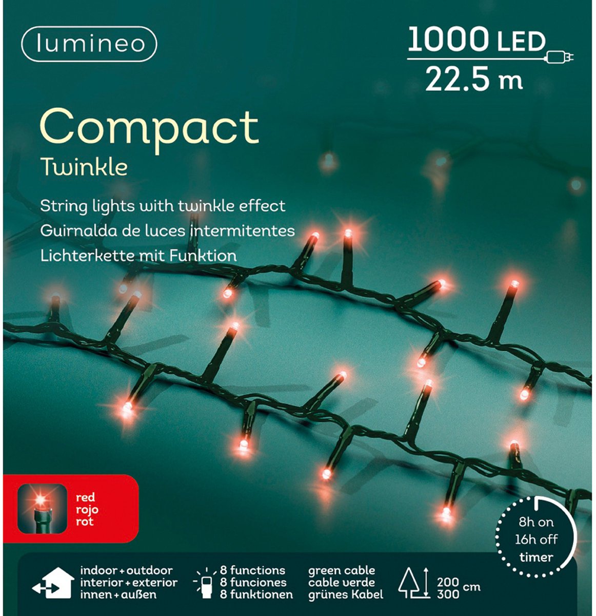 Lumineo Kerstverlichting - 1000 led lampjes - rood - 2250 cm - twinkel effect - lichtsnoer - buiten - kerstlampjes