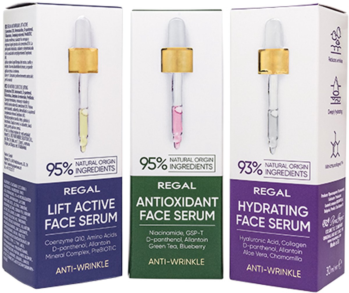 Regal Face Serum Voordeelverpakking 3 stuks – Anti-Oxidant + Hydrating + Lift Active Serum – Anti Age Serum Set – Complete 3-delige Verzorging voor een Jeugdige & Stralende Huid – Anti Age Verzorging met Natuurlijke Ingrediënten – 3 x 30ml