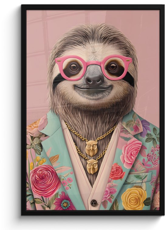 Affiche encadrée - Cadre photo 60x90 cm - Posters - Paresseux - Imprimé fleurs - Lunettes - Rose - Cadre affiche noir - Décoration - Décoration murale salon - Décoration murale chambre