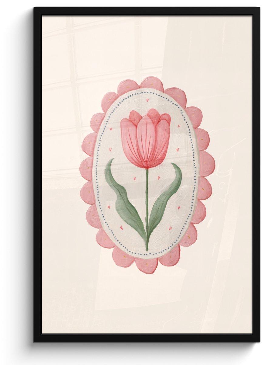 FrameYourWall Poster in lijst - Fotolijst 60x90 cm - Posters - Tulp - Lijst - Ovaal - Illustratie - Posterlijst zwart - Decoratie - Wanddecoratie woonkamer - Muurdecoratie slaapkamer Tulp - Ovaal