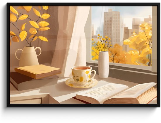 Poster in lijst - Fotolijst 120x80 cm - Posters - Thee - Boek - Thee - Herfst - Posterlijst zwart - Decoratie - Wanddecoratie woonkamer - Muurdecoratie slaapkamer