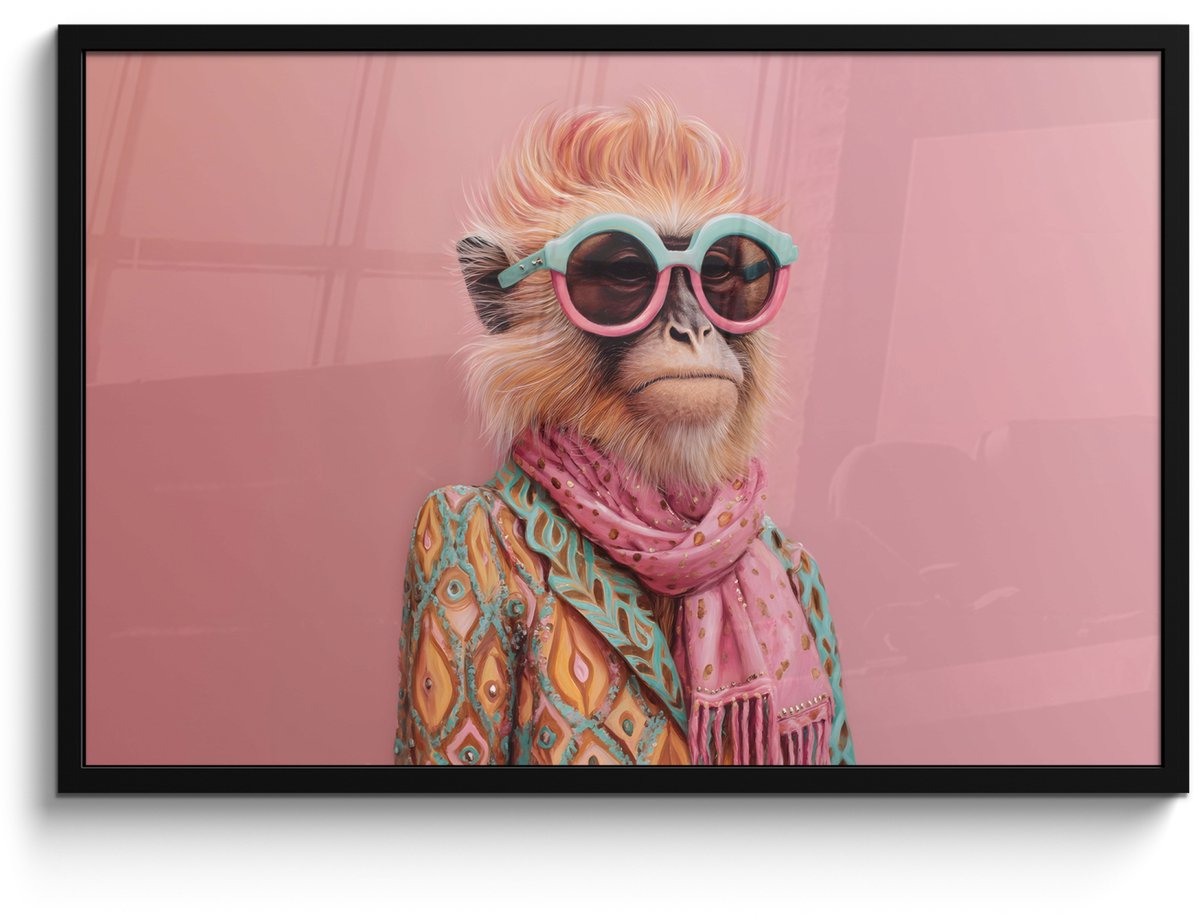 FrameYourWall Poster in lijst - Fotolijst 90x60 cm - Posters - Sjaal - Aap - Zonnebril - Jasje - Posterlijst zwart - Decoratie - Wanddecoratie woonkamer - Muurdecoratie slaapkamer