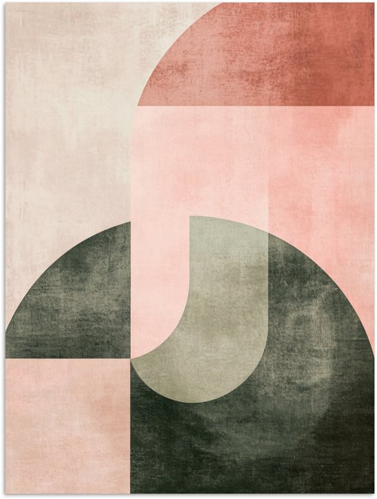Abstracte poster met roze, groene en crèmekleurige geometrische vormen en een verweerde textuur.