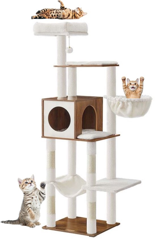 Taoqimiao Krabpaal MS026G, 146CM Krabpaal Grote Kat met 7 Krabpalen, 2 Platformen, 1 Grotten, Hangmat, Mand, Kattenkrabbord, Pluche Ballen