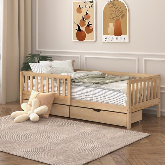 Sunny Isa Lit enfant – Avec 2 tiroirs de rangement – Lit enfant avec barrière de sécurité – 206 x 98 cm – Lit enfant pour filles et garçons – 100% Bois FSC – Avec sommier à lattes – Matelas non inclus – Naturel