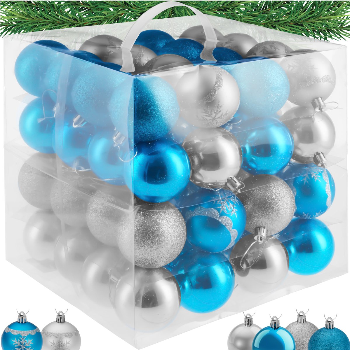 tectake® Set van 64 Kerstballen - Mat, Glanzend en Glinsterend Oppervlak - Kerstballen van Robuust Plastic - Kerstversiering met Opbergbox - Kerstboomversiering - 6 cm - Zilver/Blauw