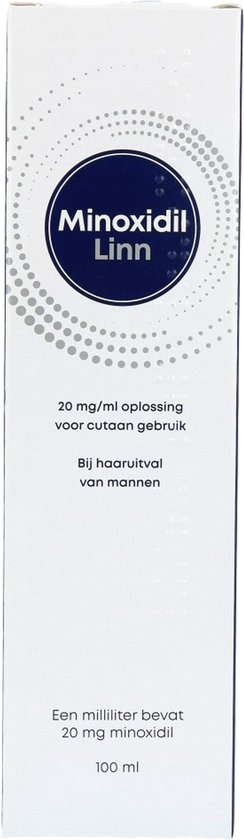 Witte verpakking met cirkelvormig patroon en tekst 'Minoxidil Linn 20 mg/ml oplossing voor cutaan gebruik'.