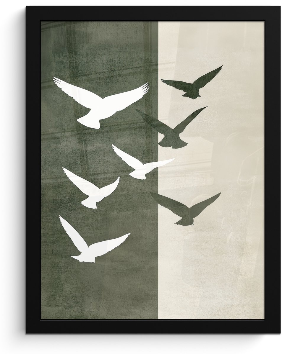 FrameYourWall Poster in lijst - Fotolijst 30x40 cm - Posters - Japandi - Vogel - Groen - Posterlijst zwart - Decoratie - Wanddecoratie woonkamer - Muurdecoratie slaapkamer Vogels