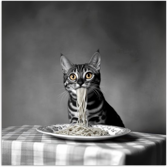 Zwart-witte Bengaalse kat met gele ogen eet spaghetti van een bord op een tafel met een geblokt tafelkleed.