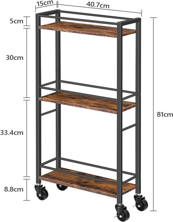 IBUYKE Slanke rollende wagen, 4-laags metalen keukenopbergwagen, trolley op wielen voor smalle ruimte, met handvat en houten tafelblad, voor keuken, eetkamer, wasruimte, rustiek bruin TMJ065H