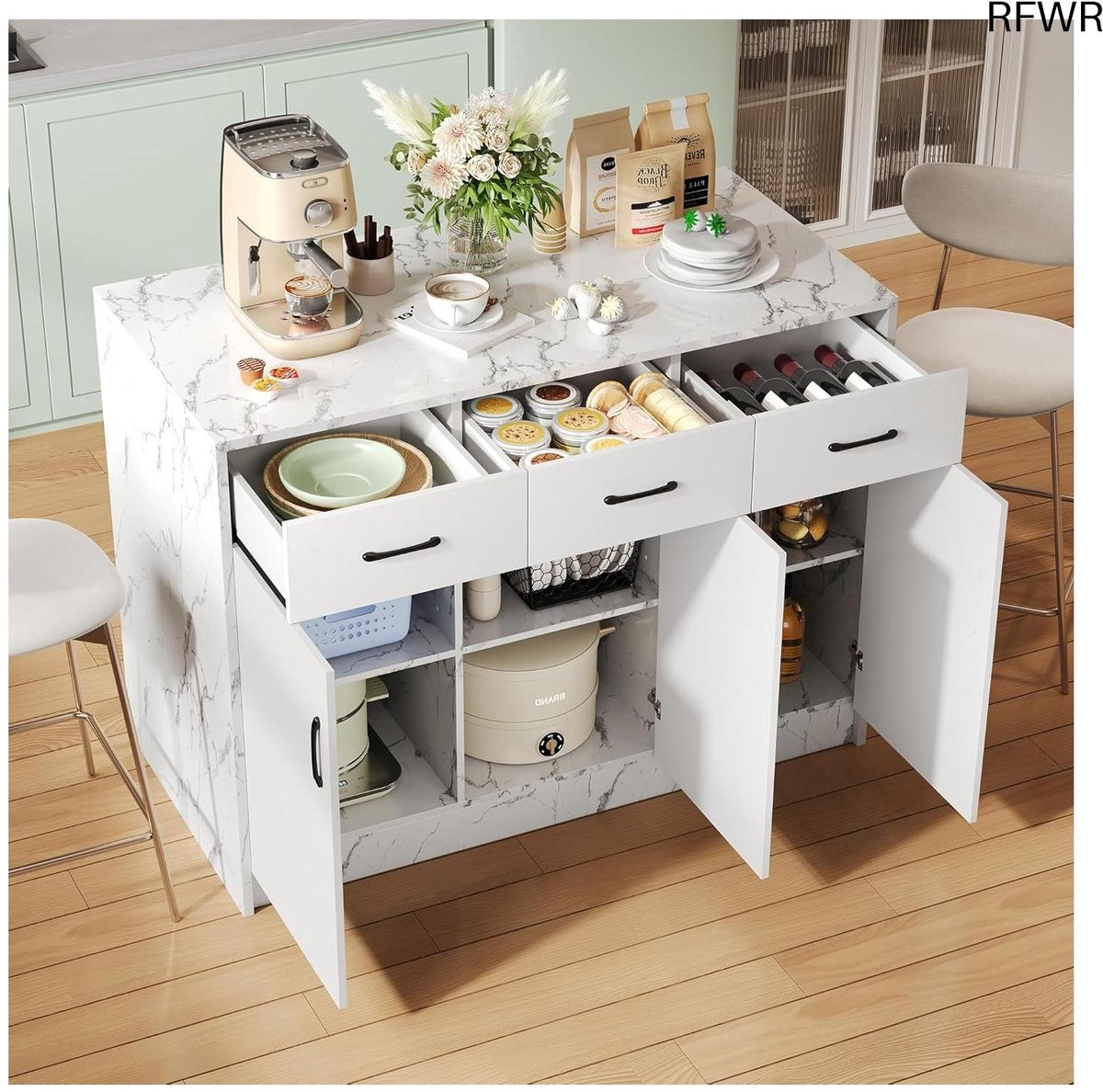 RFWR® Groot keukeneiland met 3 laden en 3 deuren in wit marmeren design voor moderne keukens
