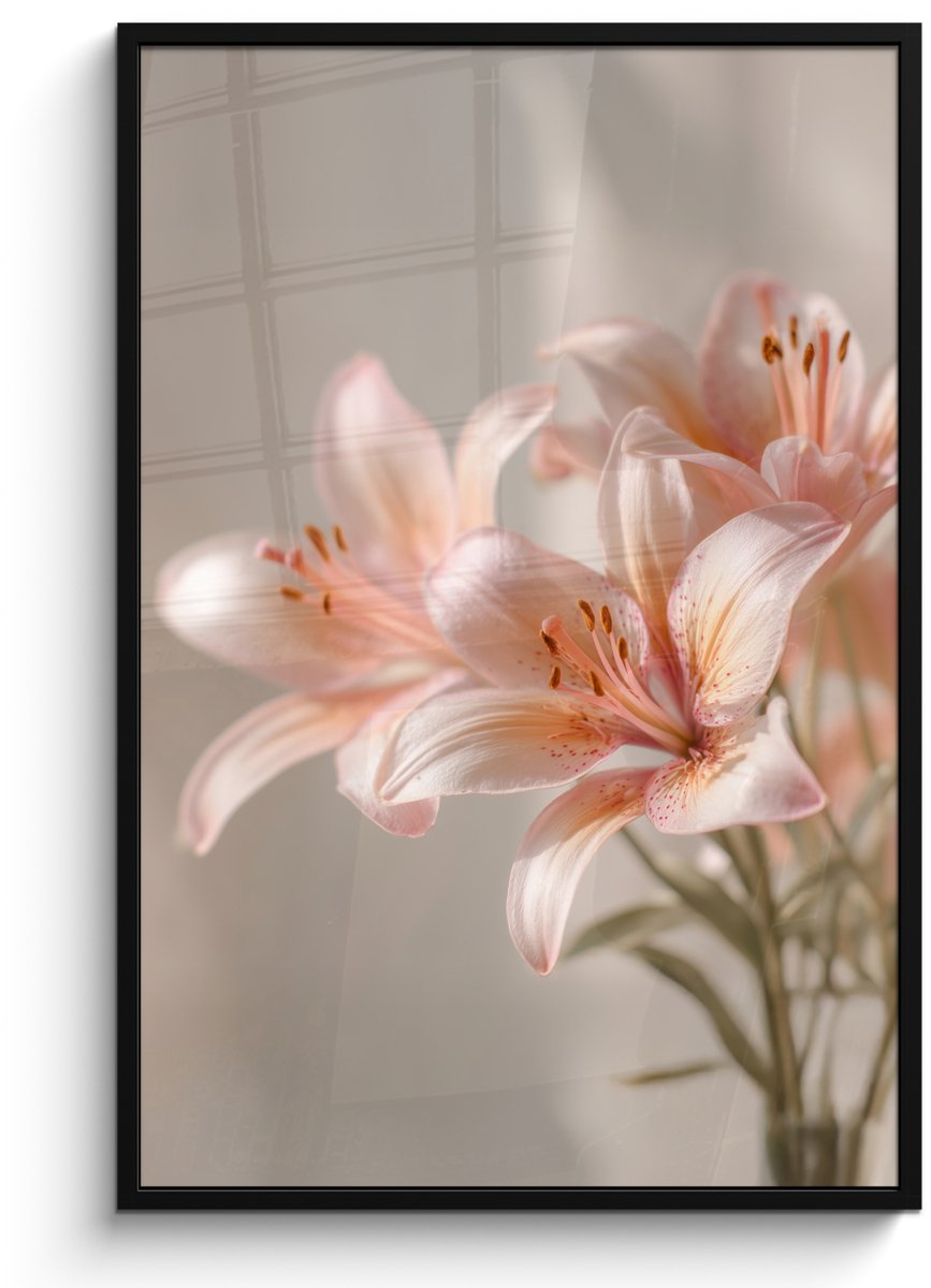 FrameYourWall Poster in lijst - Fotolijst 80x120 cm - Posters - Lelies - Meeldraden - Roze - Wazig - Posterlijst zwart - Decoratie - Wanddecoratie woonkamer - Muurdecoratie slaapkamer