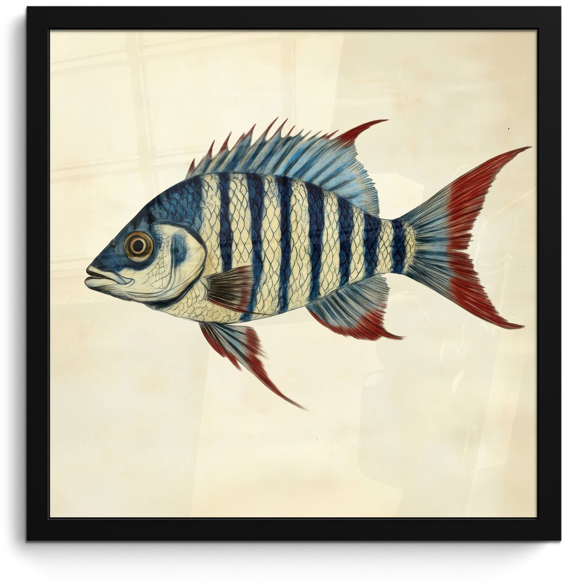 FrameYourWall Poster in lijst - Fotolijst 40x40 cm - Posters - Gestreept - Donkerblauw - Rugvin - Vis - Posterlijst zwart - Decoratie - Wanddecoratie woonkamer - Muurdecoratie slaapkamer Vis - Rugvin