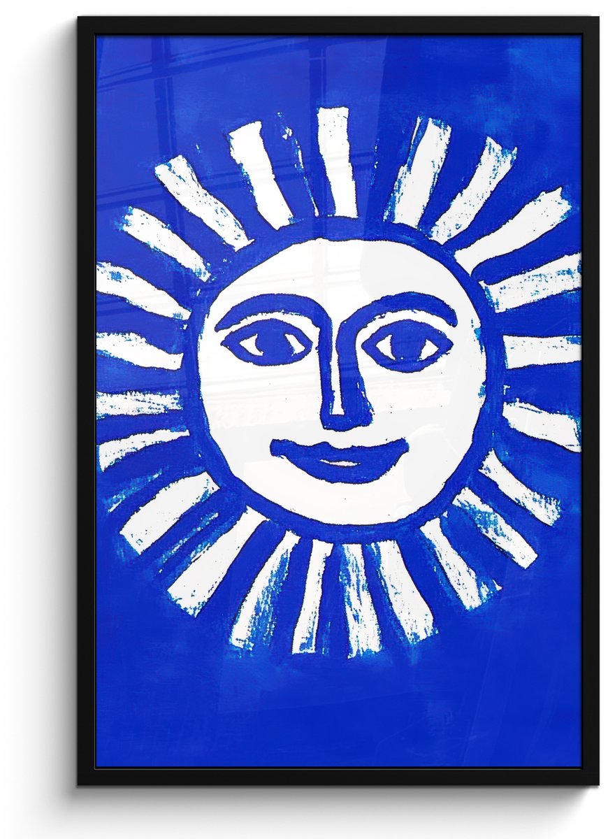 FrameYourWall Poster in lijst - Fotolijst 60x90 cm - Posters - Zon - Gezicht - Penseelstructuur - Blauw - Posterlijst zwart - Decoratie - Wanddecoratie woonkamer - Muurdecoratie slaapkamer